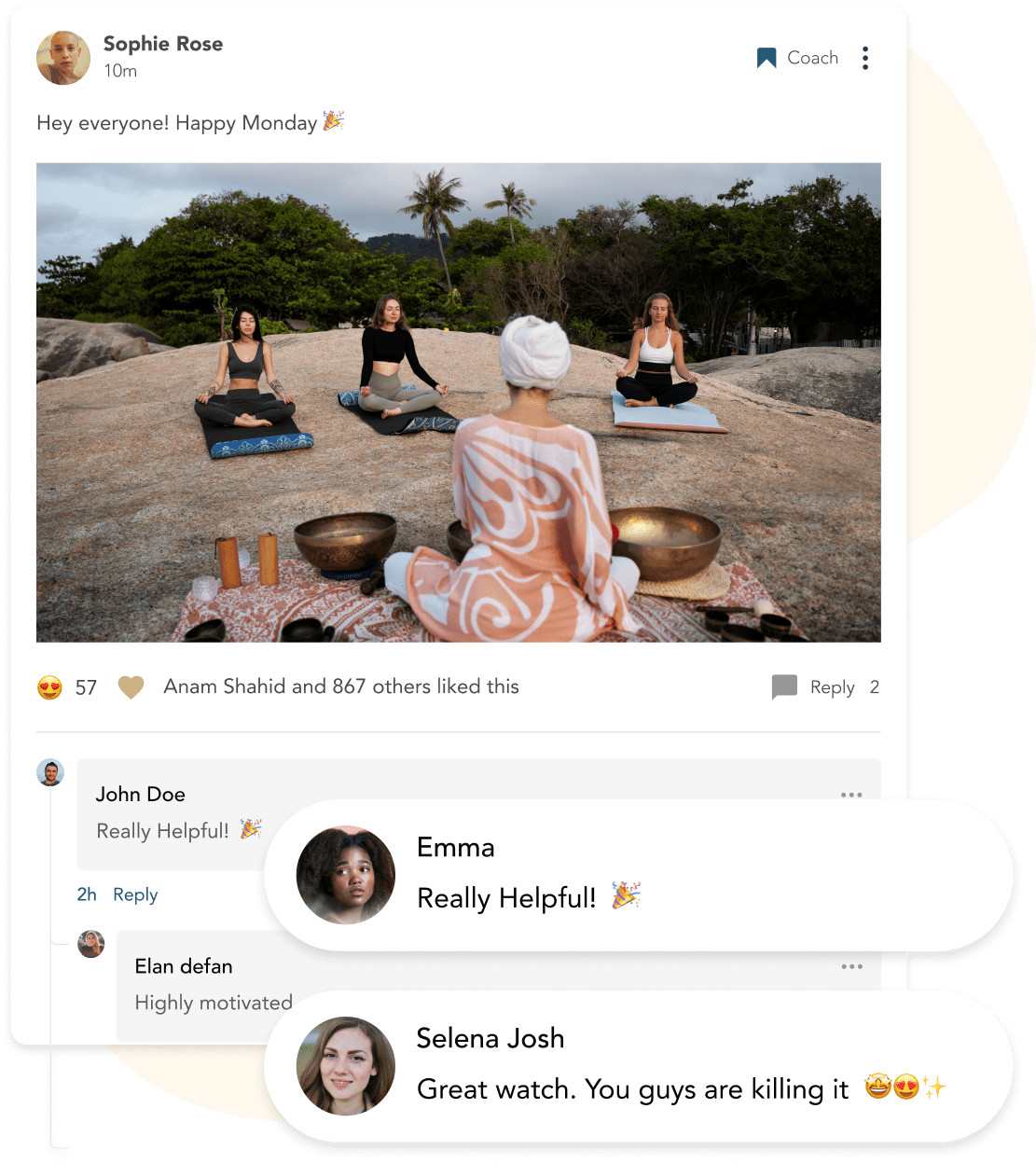 A membership community post with reactions and member comments