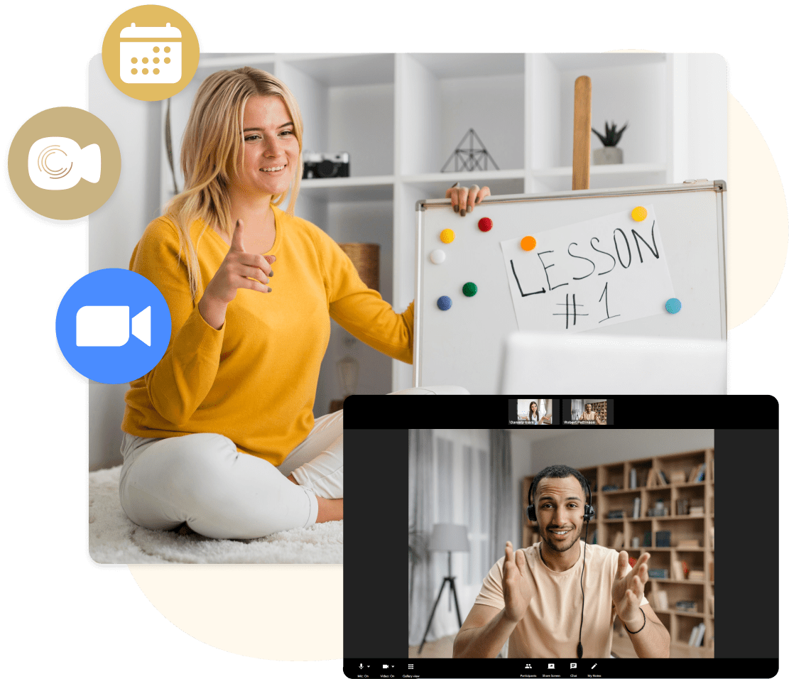 A coach teaching a live Cohere workshop with scheduling and video tools around her