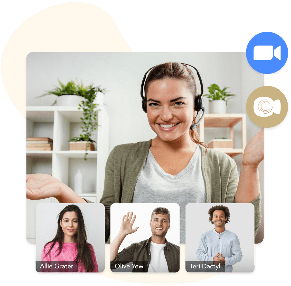A live group video call in Cohere with participant tiles and Zoom support