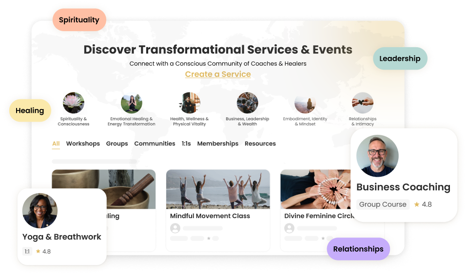 Cohere Marketplace listings showing coaching and healing services