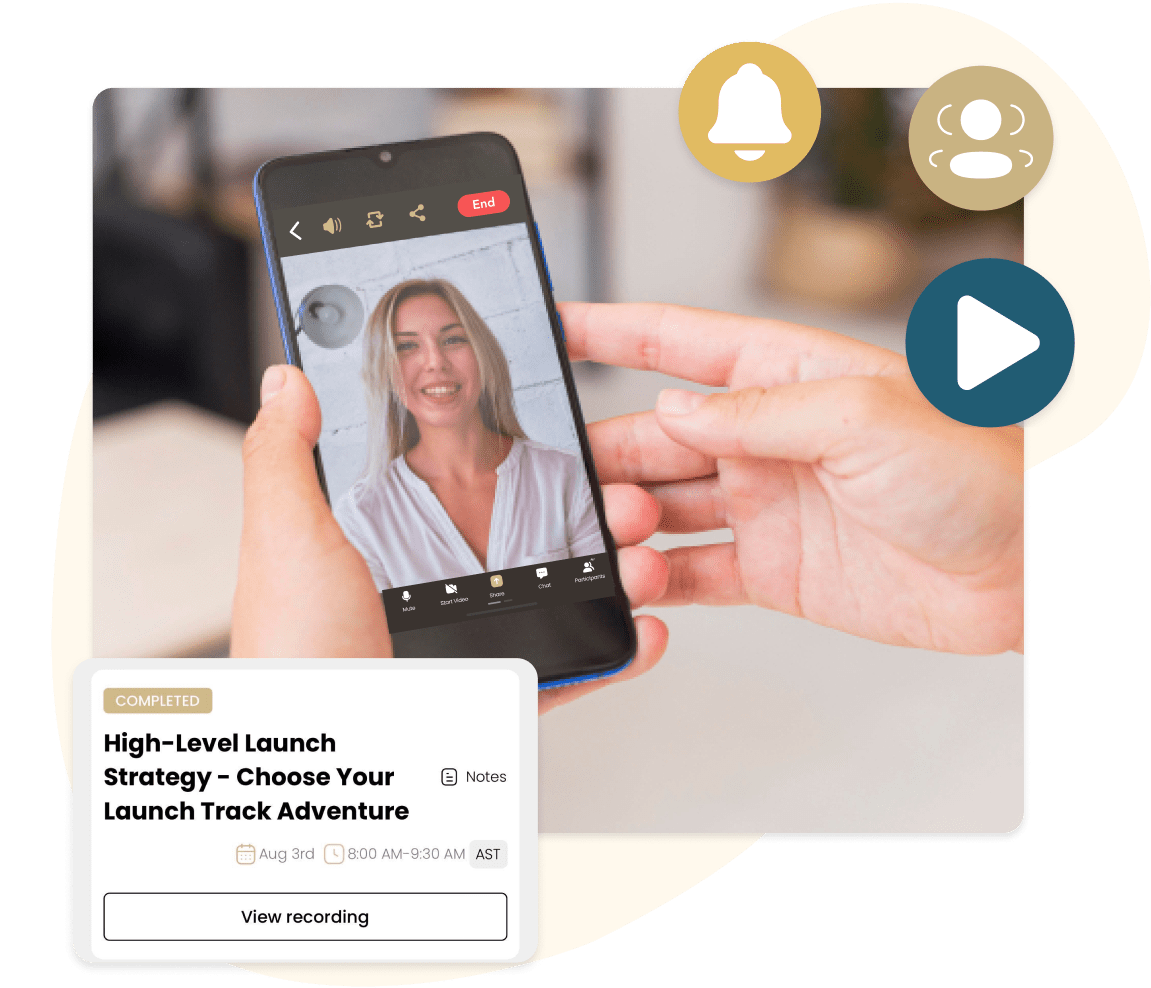 A workshop attendee joining a live session on a phone with a completed session replay card