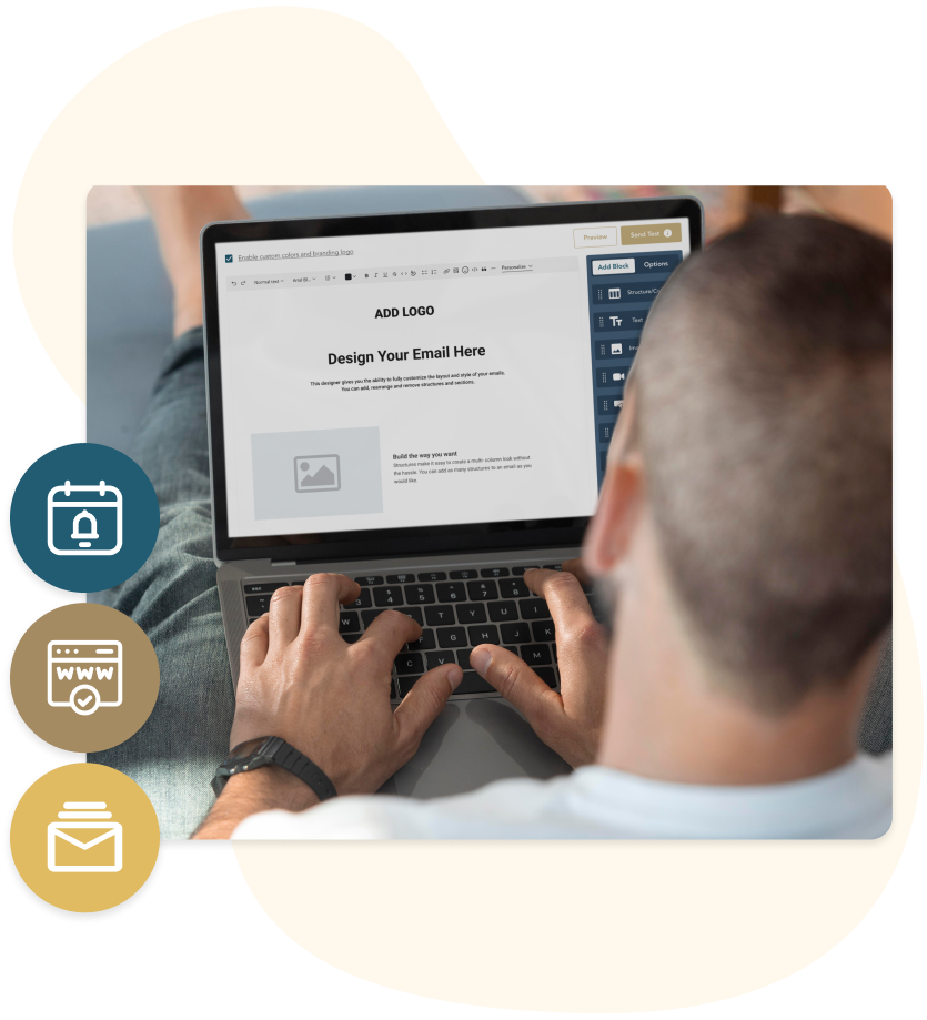 A coach designing a branded email in the Cohere email builder on a laptop