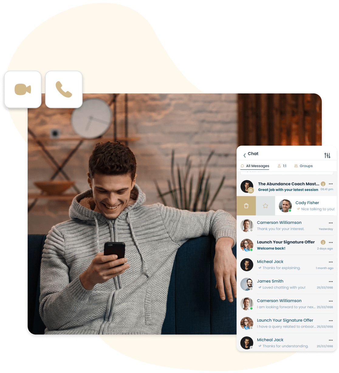 A client reading Cohere chat messages on a phone with call options