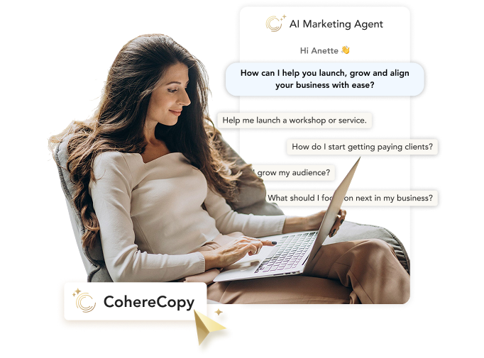 Caela AI marketing agent chat helping a coach launch and grow her business