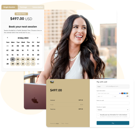 Cohere session pricing, booking calendar, and built in card checkout