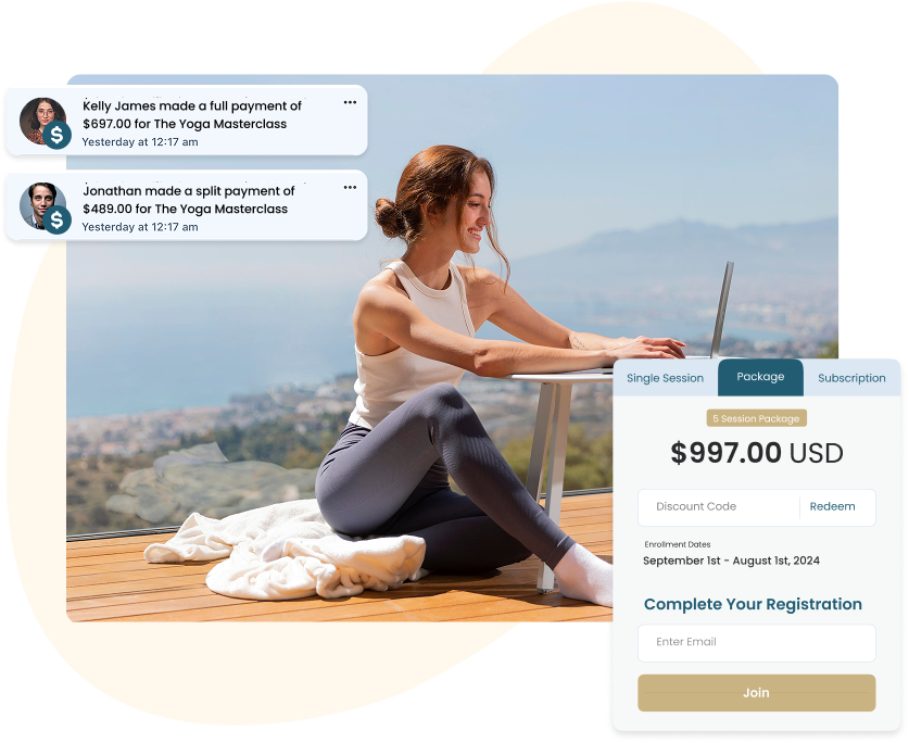 A client checkout and registration flow with payment notifications