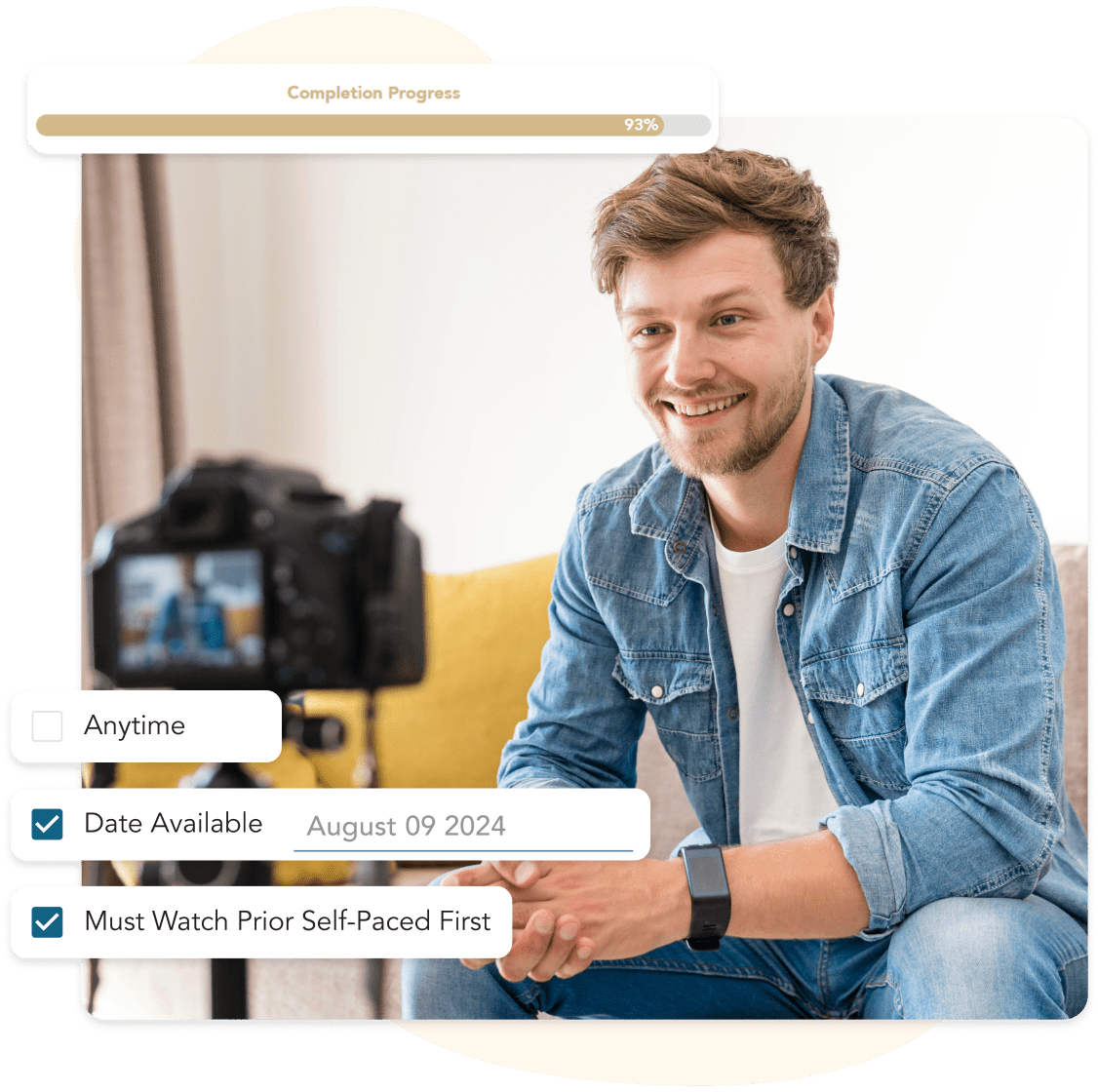 Self-paced course content with completion progress and release settings