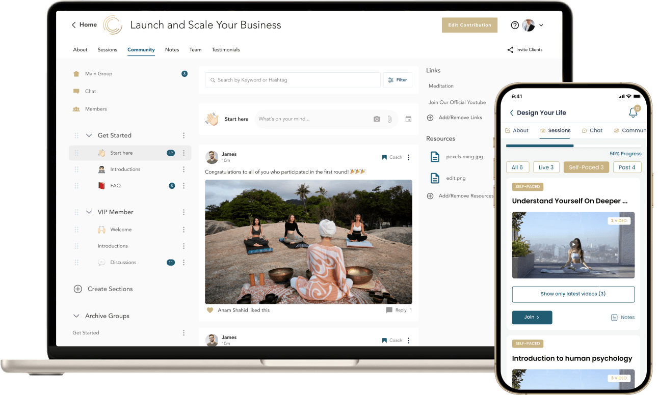 A Cohere membership community on a laptop and its session library in the mobile app