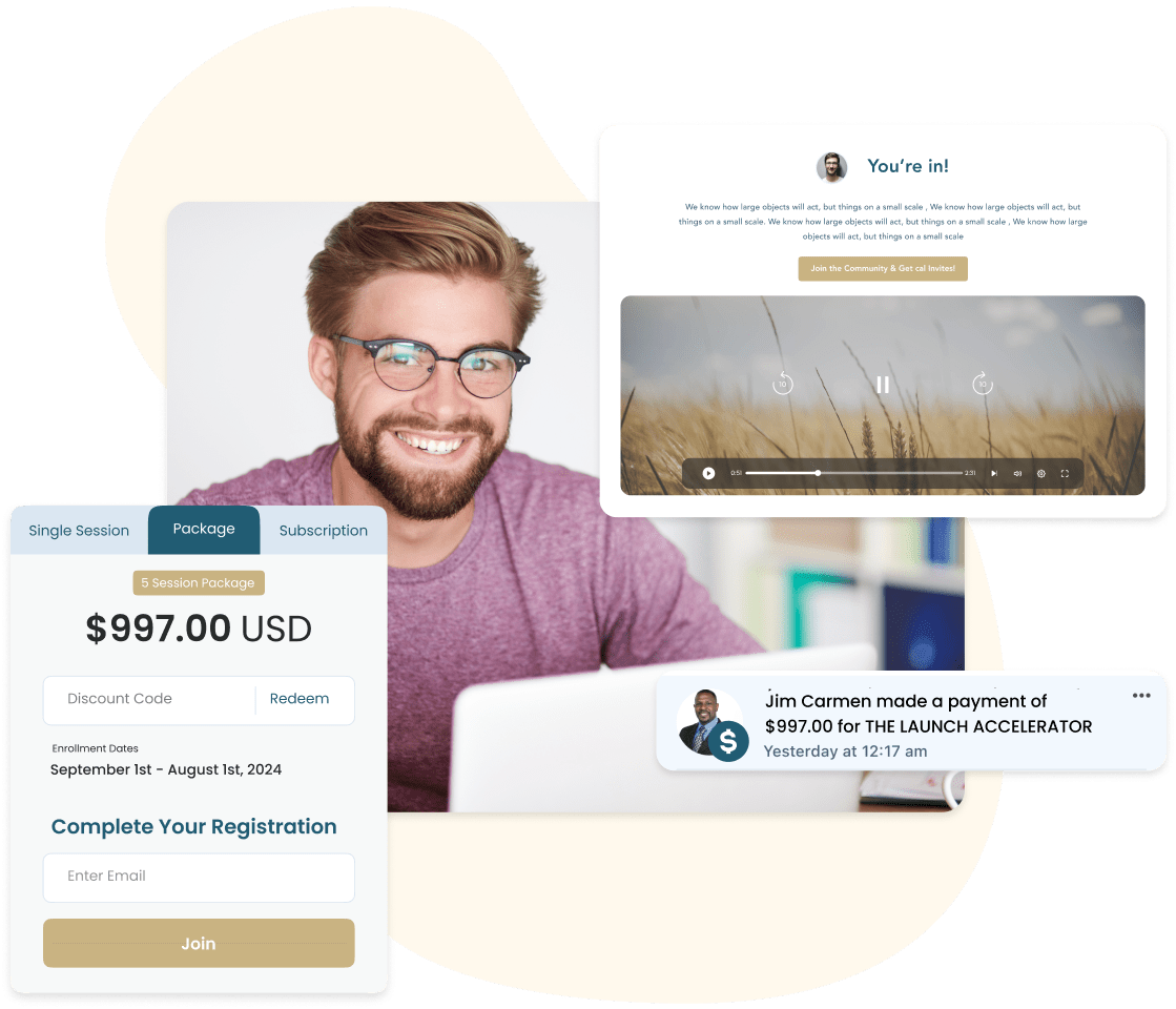 A Cohere landing page with package pricing, checkout, and a thank you page with video
